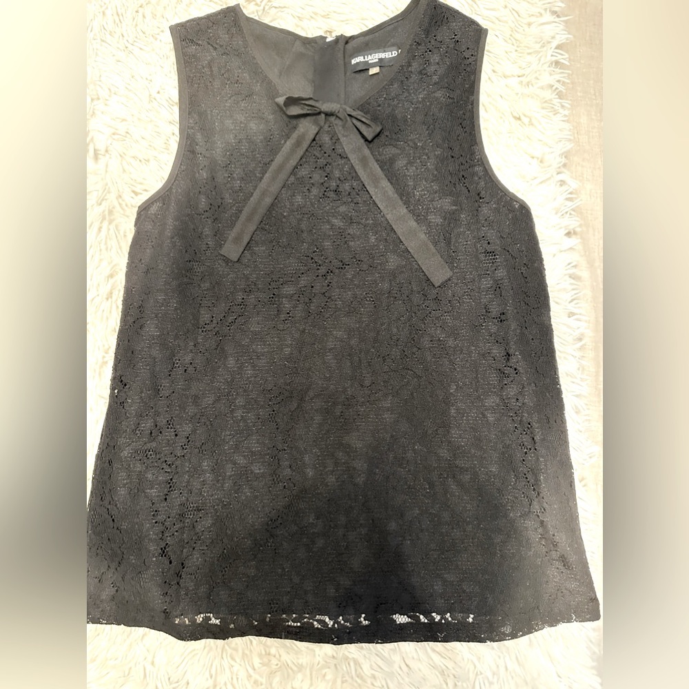 Karl Lagerfeld Lace Overlay Back Zip Blouse in Black